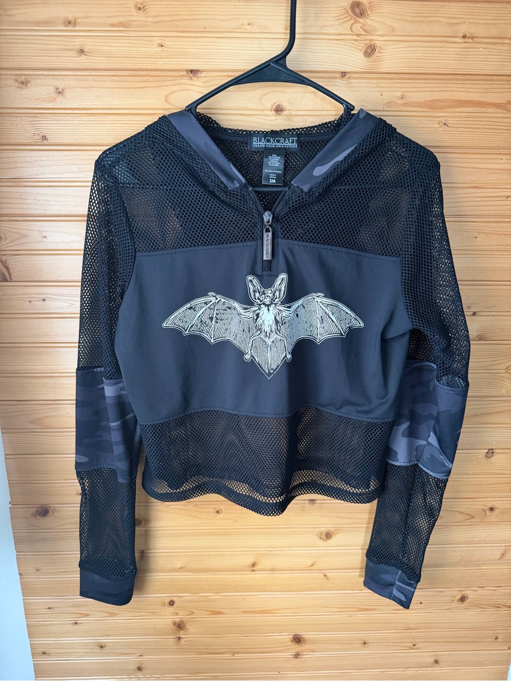 Blackcraft Cult Women's Black Mesh Bat Cropped Hoodie